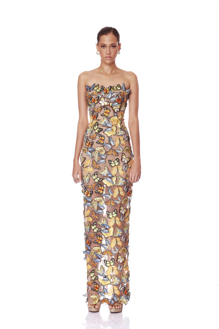 Bronx and Banco Bella 3D Butterfly Dahlia Strapless Maxi Dress