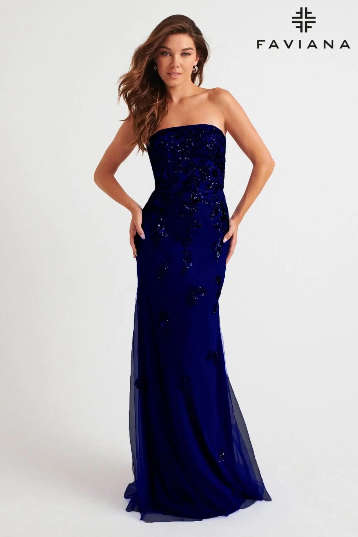 Faviana Style 11004 Lace Applique Strapless Tulle Fitted Prom Gown Navy / 6 Faviana Style 11004 Lace Applique Strapless Tulle Fitted Prom Gown Navy / 6