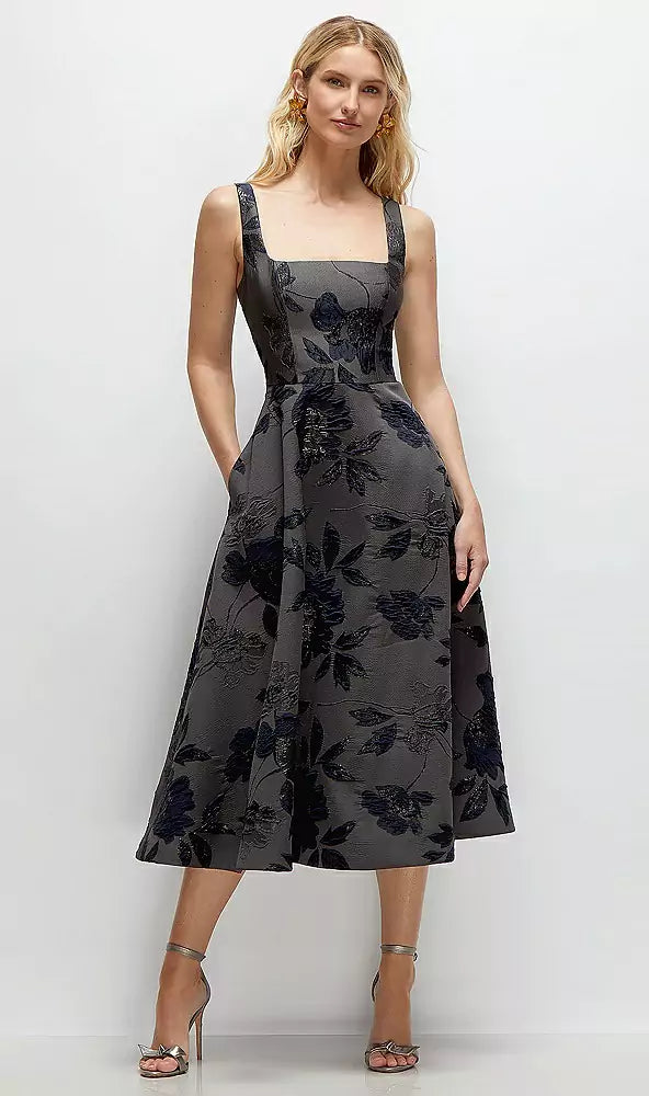 Dessy Group Square Neck Floral Metallic Jacquard Midi Dress Noir Midnight Navy / 10