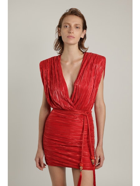 Blake Dress - Pleated Knit with Foil Mini Dress Featuring A Deep Blake Dress - Pleated Knit with Foil Mini Dress Featuring A Deep