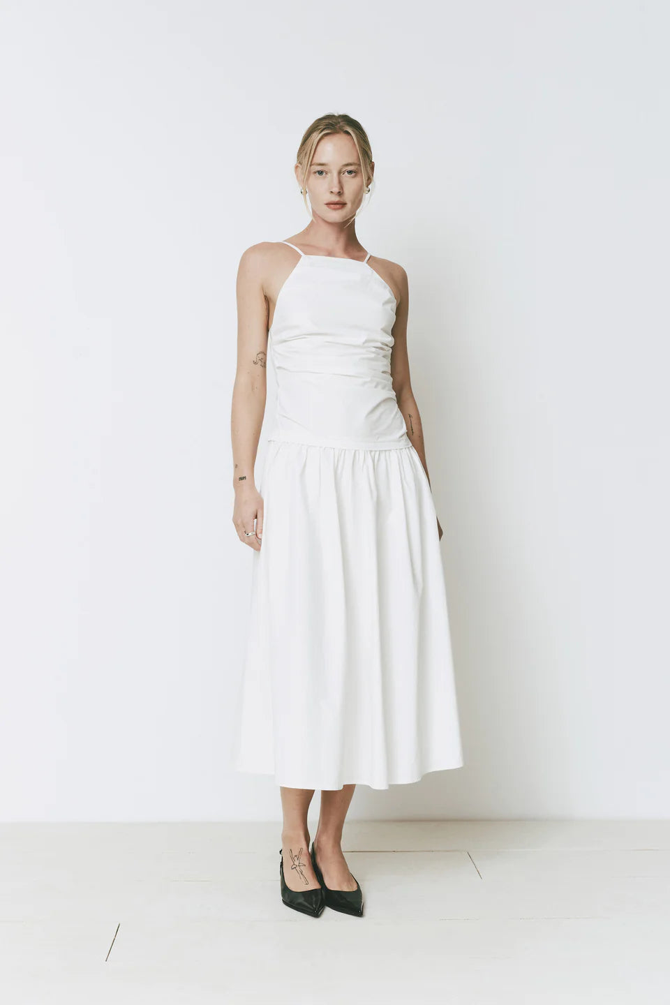 Isabella Dress | 100% Cotton & Drop Waist Design | Ruched Bodice with Halter Straps | Rue Sophie M / Off White Isabella Dress | 100% Cotton & Drop Waist Design | Ruched Bodice with Halter Straps | Rue Sophie M / Off White