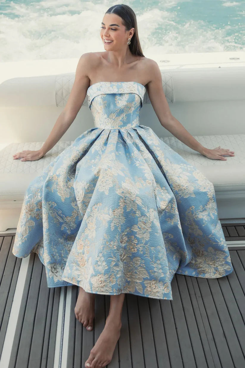Mac Duggal - Blue Strapless Brocade A-Line Midi Dress With Pockets