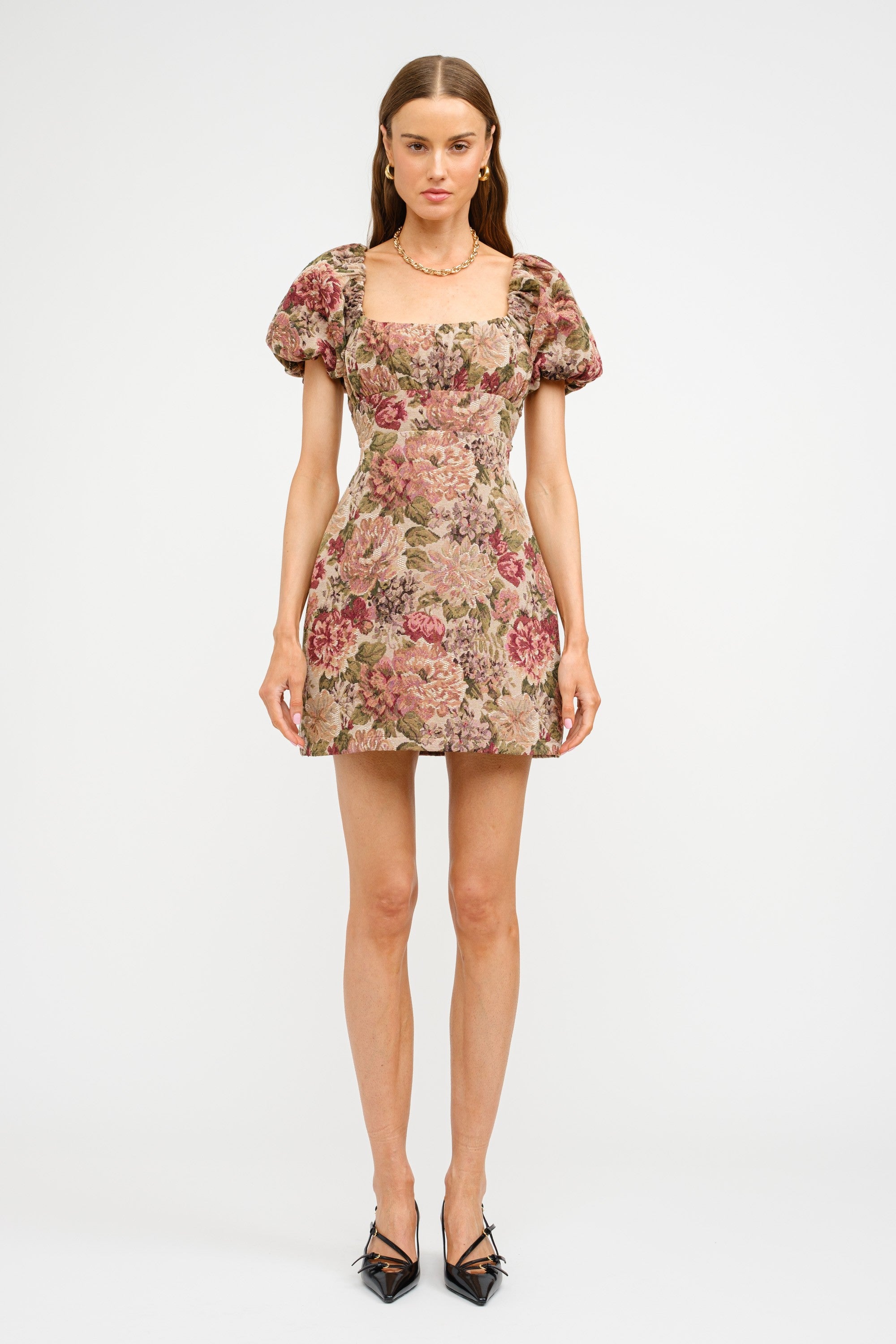 Sofie the Label Mia Dress - Floral Jacquard Puff Sleeve Dress Burgundy / S Sofie the Label Mia Dress - Floral Jacquard Puff Sleeve Dress Burgundy / S