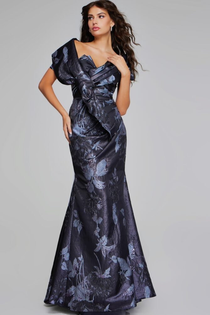 Jovani style 40309 Elegant Grey Multi-Floral Gown with Asymmetrical Detailing Grey Multi / 6 Jovani style 40309 Elegant Grey Multi-Floral Gown with Asymmetrical Detailing Grey Multi / 6