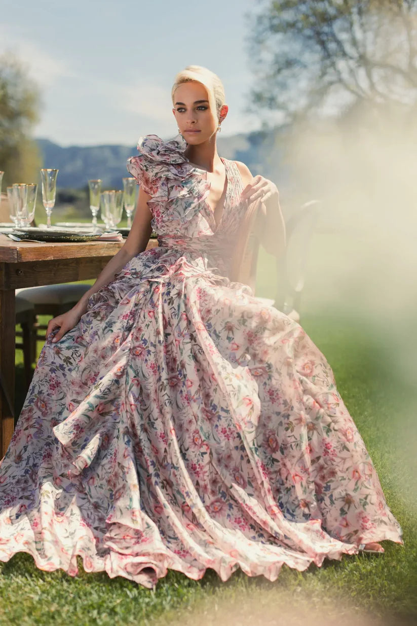 Mac Duggal 68947 Floral Chiffon Ruffle Ball Gown Mac Duggal 68947 Floral Chiffon Ruffle Ball Gown