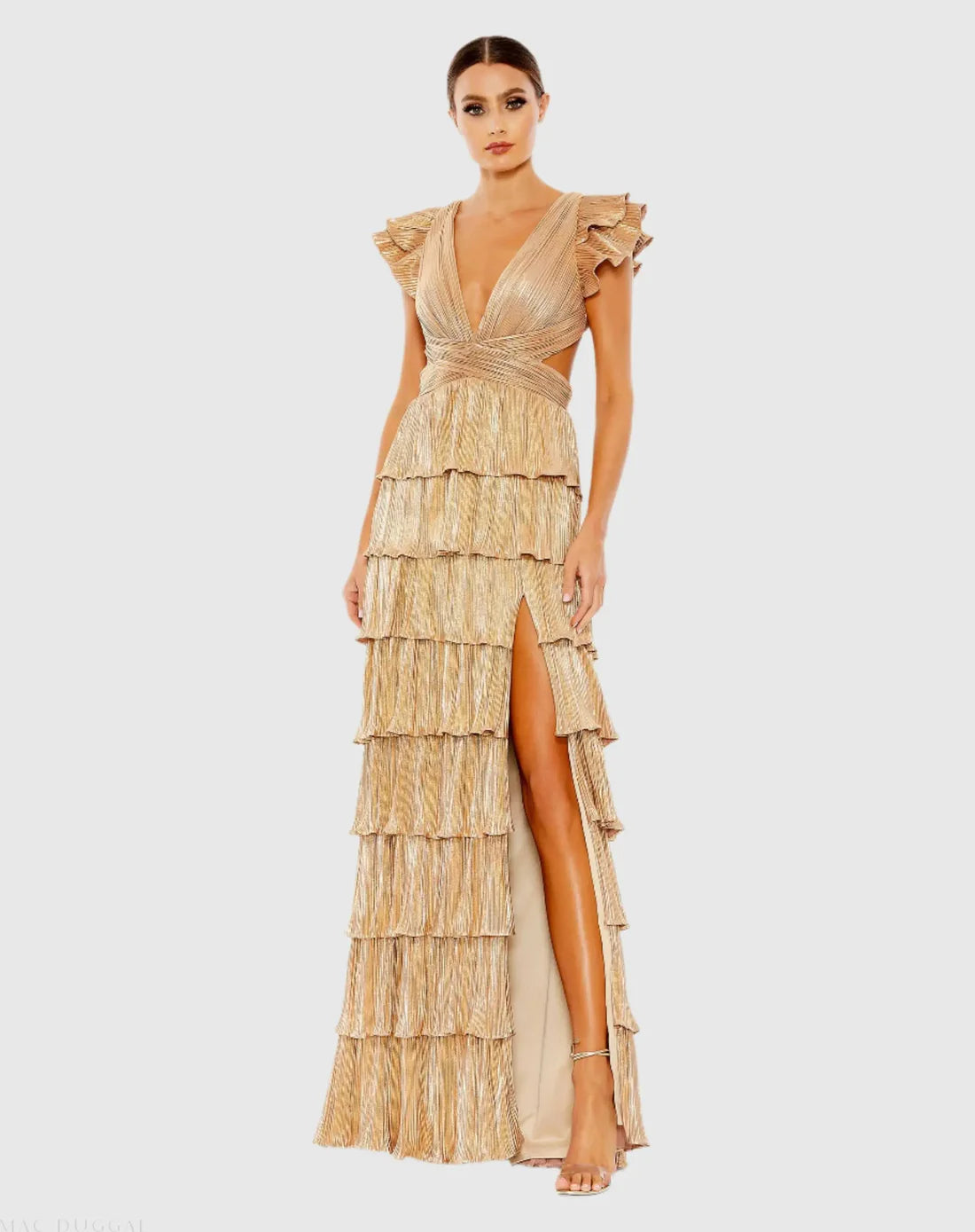 Ieena for Mac Duggal - Gold Ruffle Tiered Criss Cross Lace Up Gown
