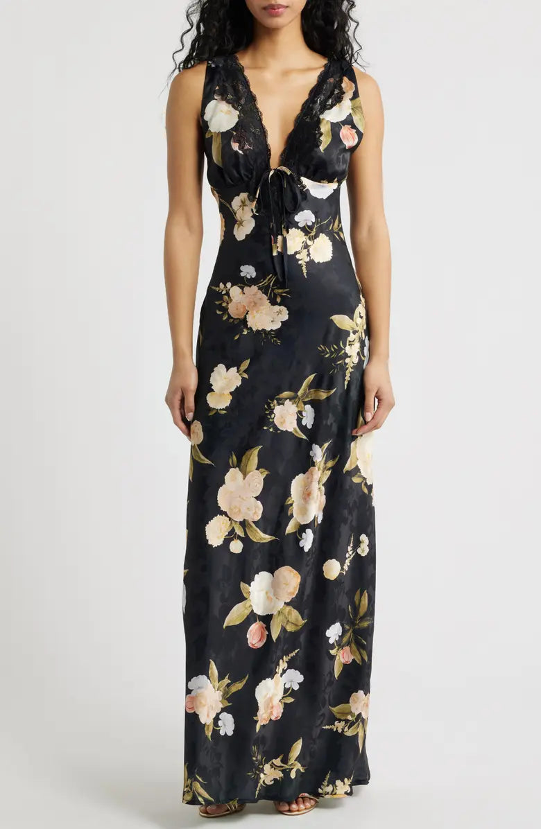 lulu's dresses Lulus Women's Judith Floral Jacquard Satin Slipdress - Black Loosely Fitted Romantic Escapes Sleeveless Dress Macy's Little Size:18 1/2 34/35