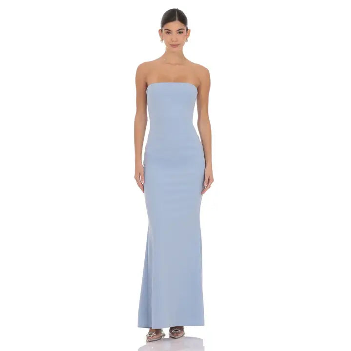 Back Bow Strapless Maxi Dress Light Blue / M Back Bow Strapless Maxi Dress Light Blue / M
