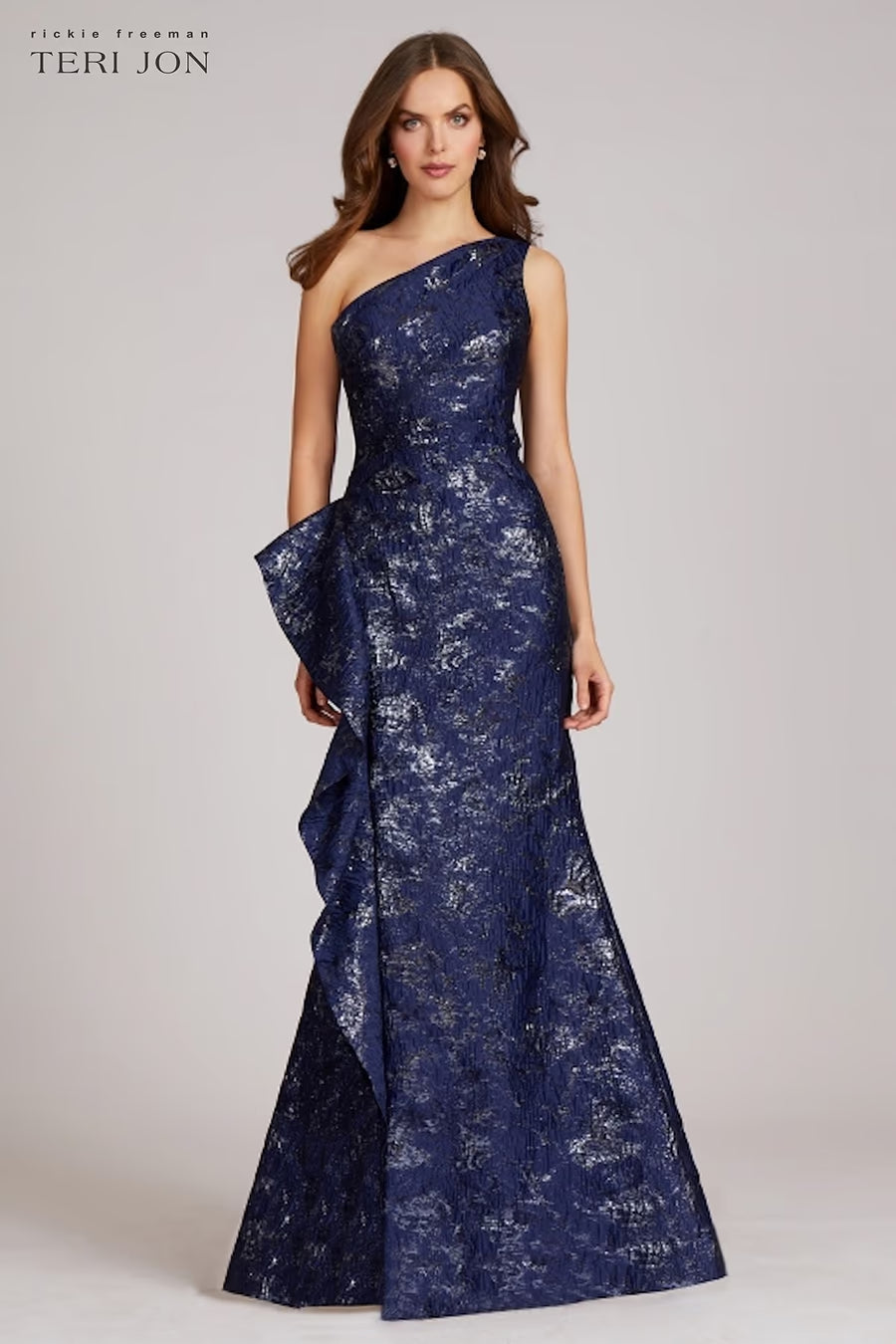 teri jon blue dress Navy Jacquard One Shoulder Ruffle Gown Size 10 My Favorite Black Midi designed in a rich ATELIER ALL Size:6Y/7Y