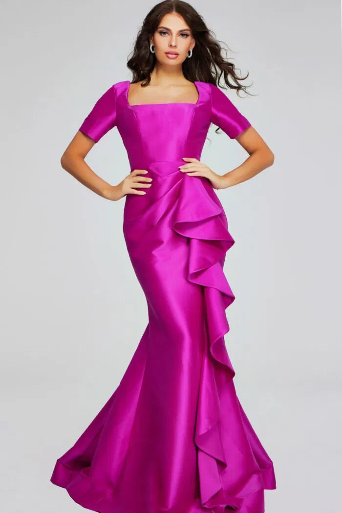 Jovani Vibrant Gown with Square Neckline and Ruffle Detail 41128