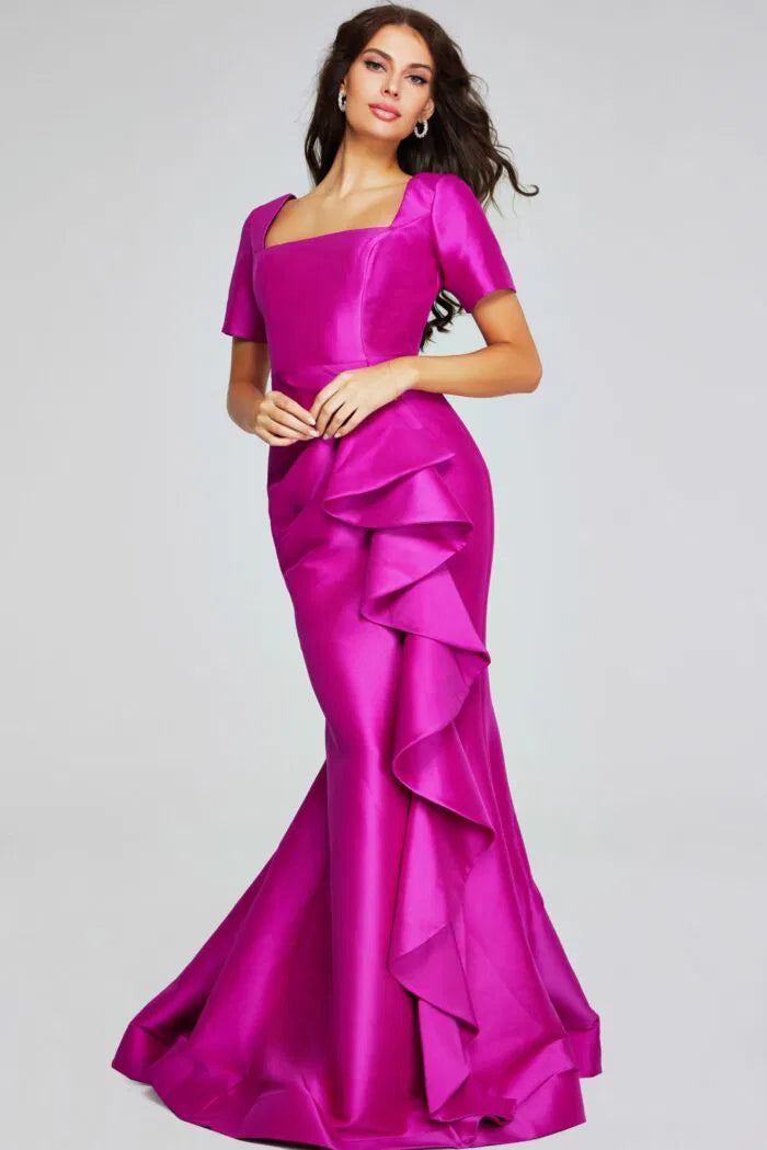 Jovani Vibrant Gown with Square Neckline and Ruffle Detail 41128