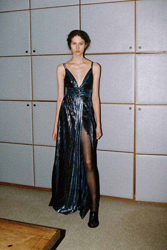 Sabina Musayev Naomi Foil Pleated Gown Dark Silver