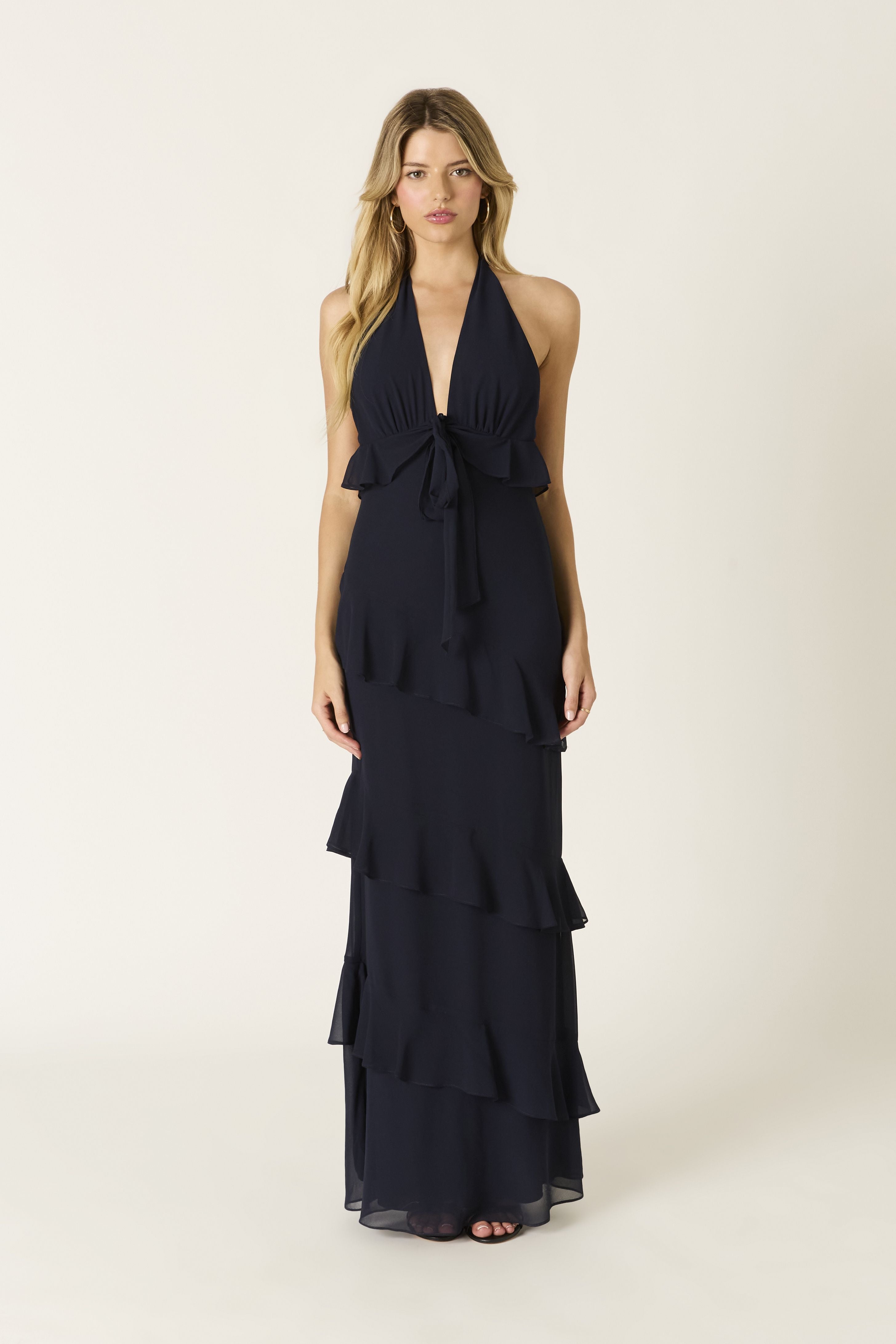 halter ruffle maxi dress Midnight / L Size:3-6 Months / Short garden brunches colour_white French Linen Dress -