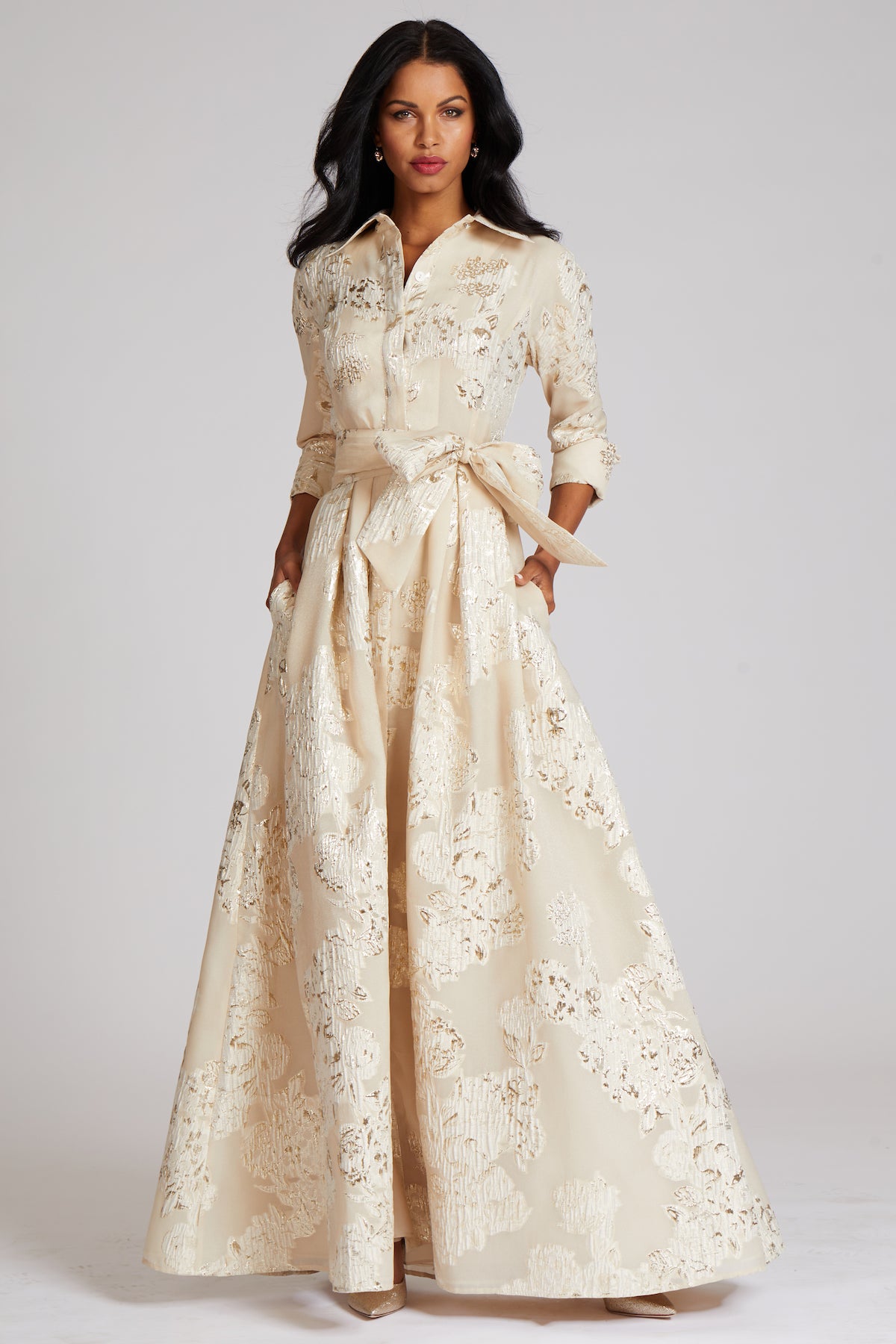 Teri Jon Champagne Jacquard Shirtdress Gown Teri Jon Champagne Jacquard Shirtdress Gown