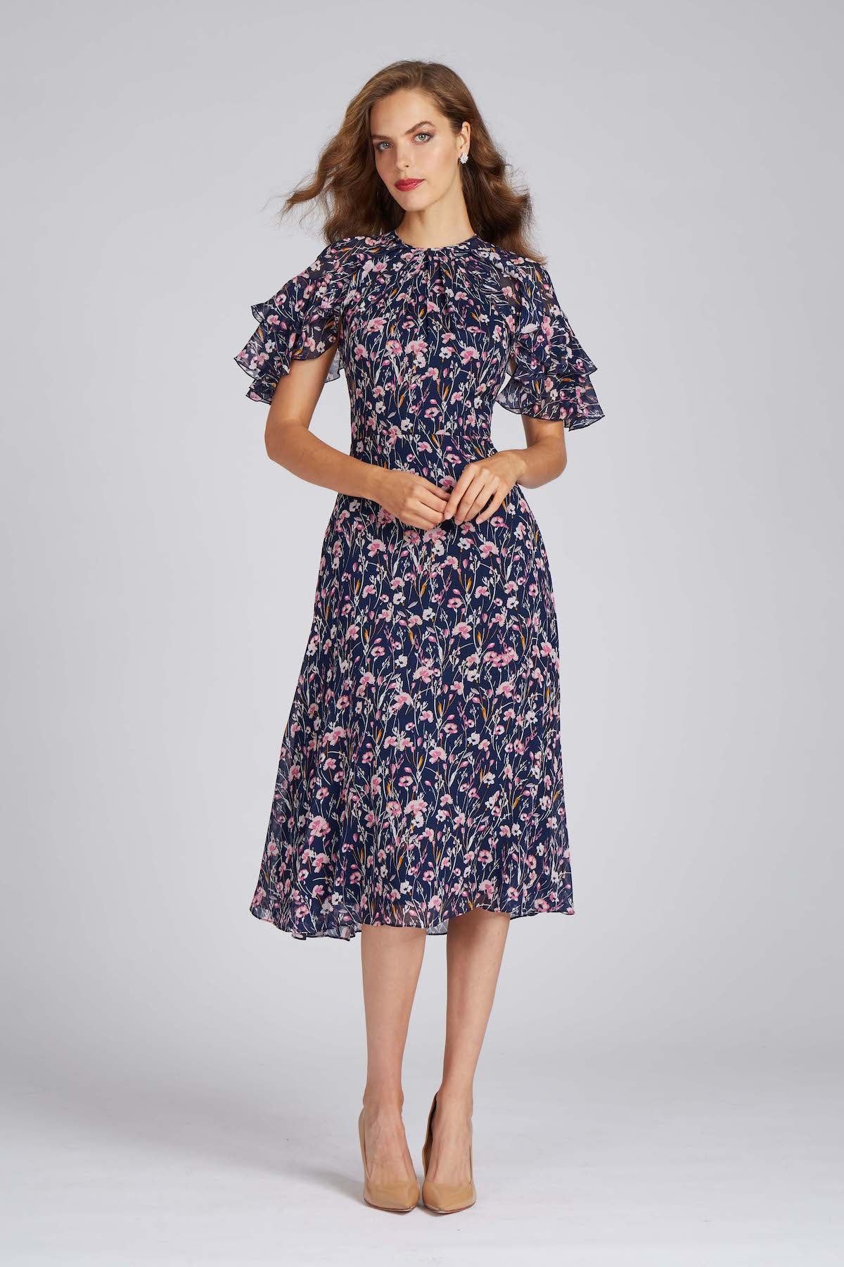 Teri Jon by Rickie Freeman Women's Floral Ruffle-Sleeve Midi-Dress - Navy Pink - Size 6 Teri Jon by Rickie Freeman Women's Floral Ruffle-Sleeve Midi-Dress - Navy Pink - Size 6