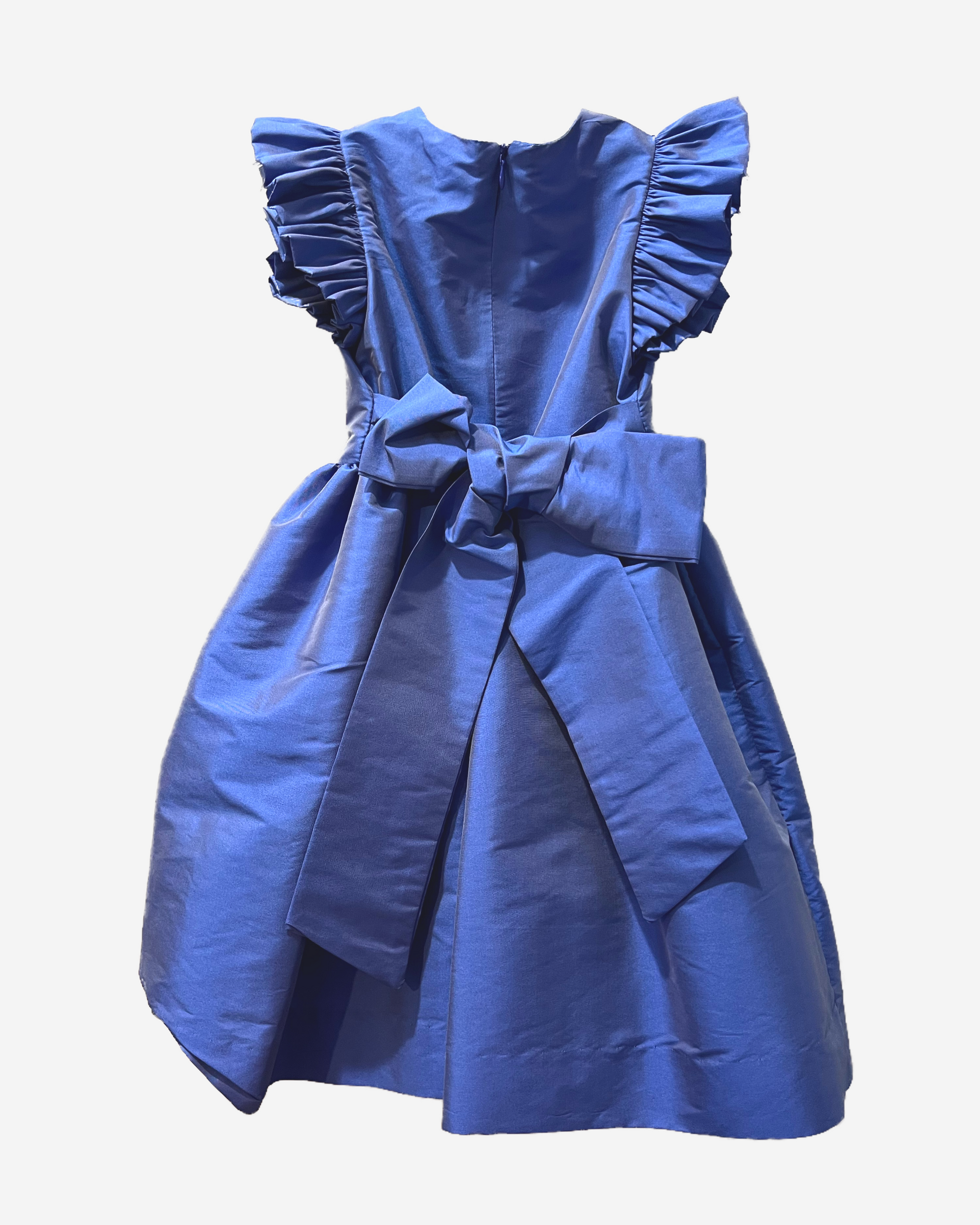 Girls Medium blue faux silk flutter sleeve dress