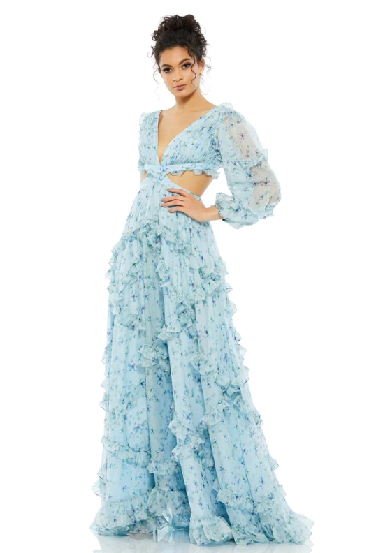 Mac Duggal Ruffle Tiered Floral Cutout Long Sleeve Gown - Powder Blue - 6 Mac Duggal Ruffle Tiered Floral Cutout Long Sleeve Gown - Powder Blue - 6