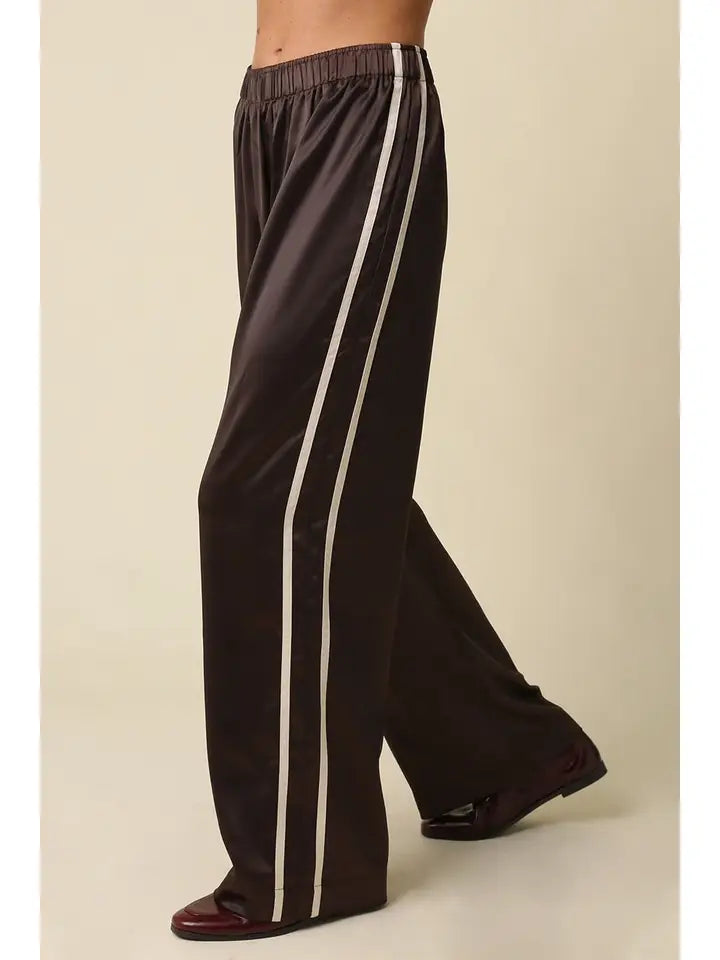 Brown Satin Side Stripe Pants