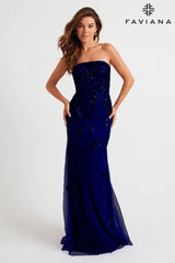 Faviana Style 11004 Lace Applique Strapless Tulle Fitted Prom Gown