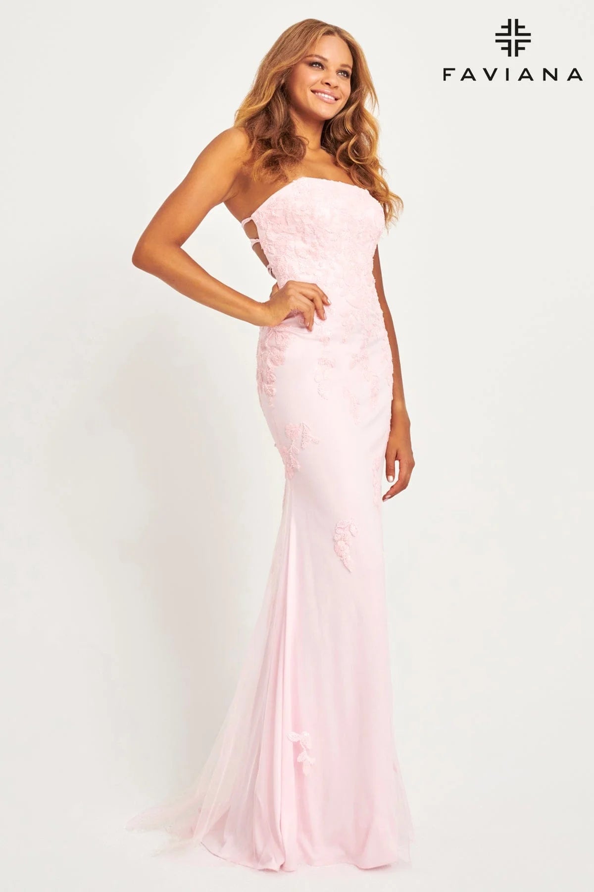 Faviana Style 11004 Lace Applique Strapless Tulle Fitted Prom Gown