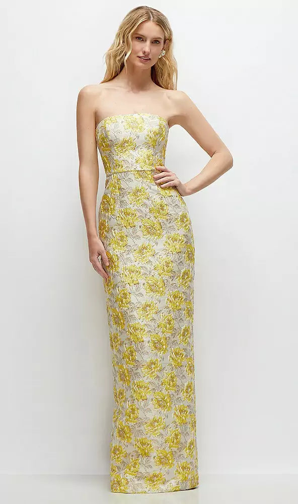 Golden Yellow Strapless Floral Jacquard Column Dress