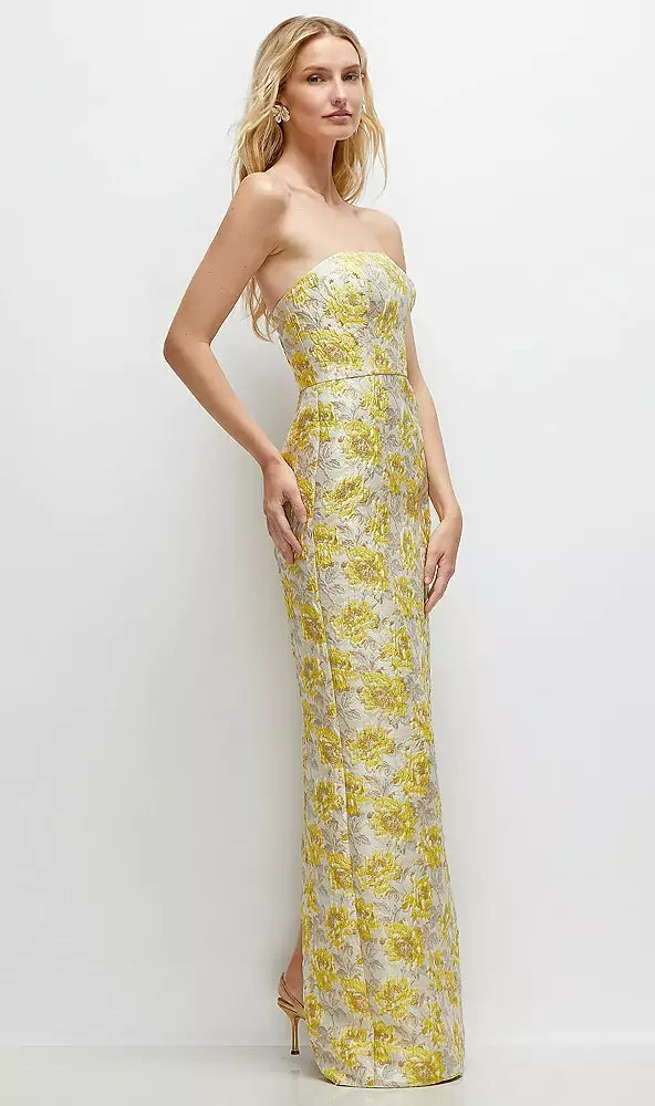 Golden Yellow Strapless Floral Jacquard Column Dress