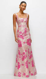 Hibiscus Pink Floral Jacquard Square Neck Maxi Dress