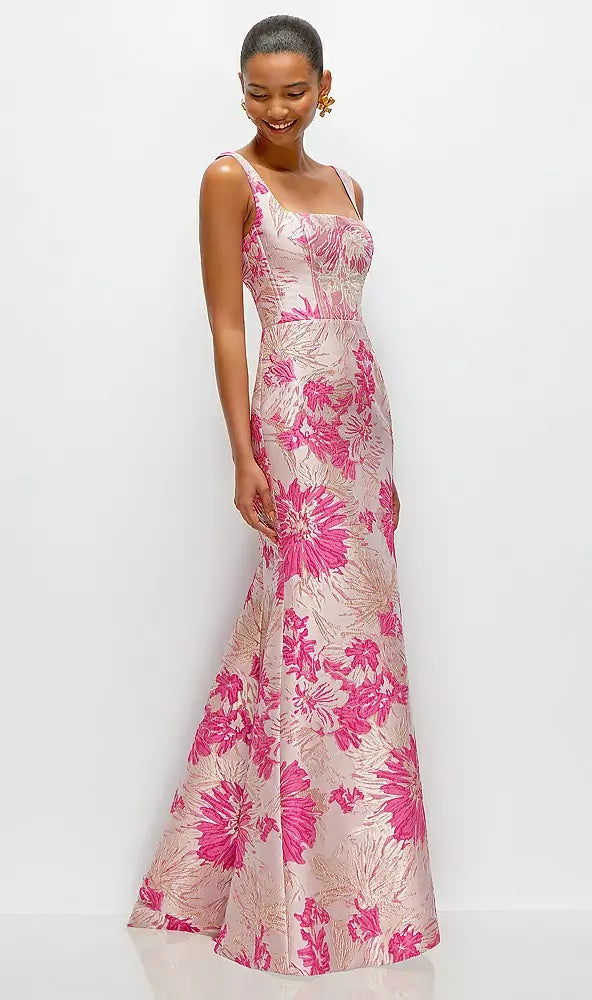 Hibiscus Pink Floral Jacquard Square Neck Maxi Dress
