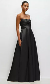 Strapless Draped Cat-Eye Satin Maxi Dress