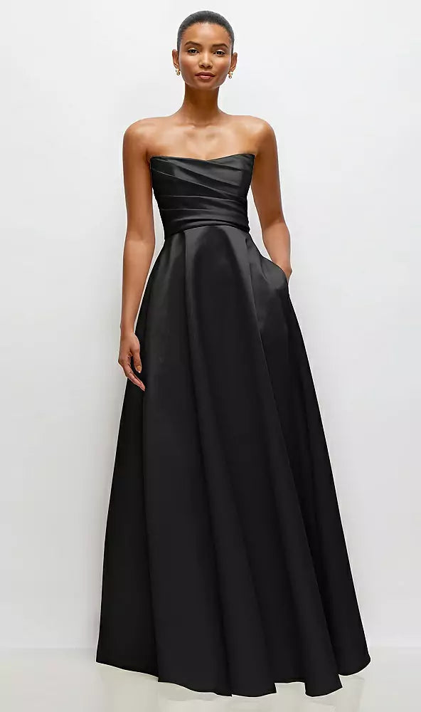 Strapless Draped Cat-Eye Satin Maxi Dress