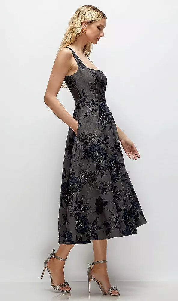 Square Neck Floral Metallic Jacquard Midi Dress