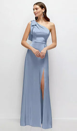 Bow One-Shoulder Fluid Satin Maxi Dress
