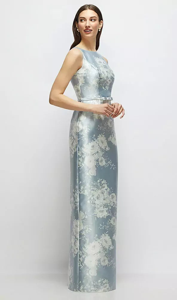 Floral Bateau Neck Satin Column Dress