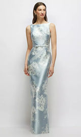 Floral Bateau Neck Satin Column Dress