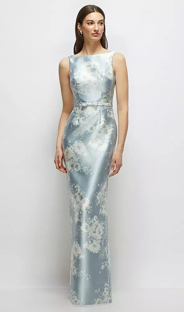 Floral Bateau Neck Satin Column Dress