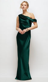 Draped One-Shoulder Bias Stretch Satin Maxi Dress
