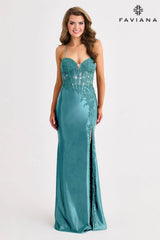 Faviana Style 11404 Sweetheart Satin Corset Dress With Asymmetrical Beading