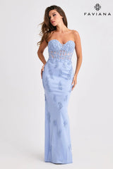 Faviana Style 11407 Strapless Tulle Corset Dress With Cascading Beaded Appliqué