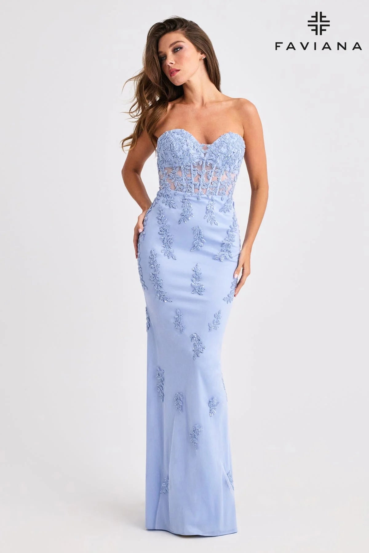 Faviana Style 11407 Strapless Tulle Corset Dress With Cascading Beaded Appliqué