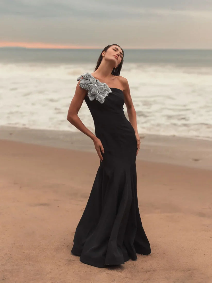 Mac Duggal 11810 Crepe One Shoulder Crystal Flower Gown