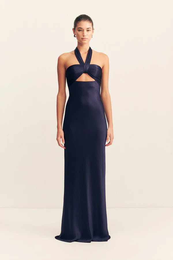La Lune Ruched Halter Maxi Dress