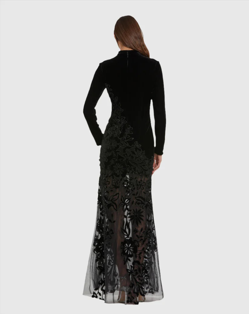 Long Sleeve Sheer Floral Embroidered Velvet Gown - Mac Duggal 20756