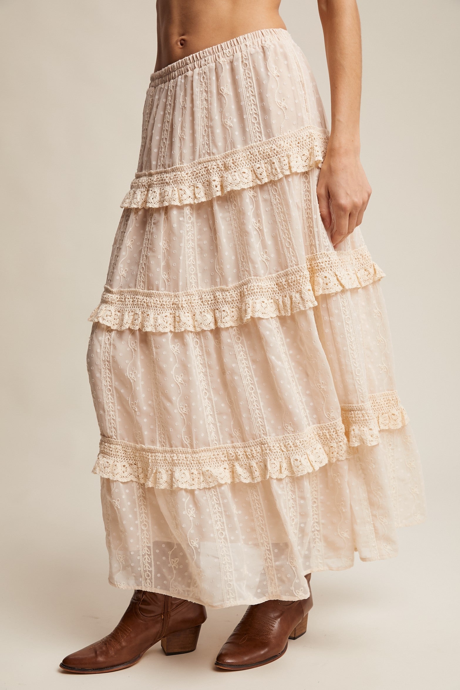 Embroidered Lace Tiered Maxi Skirt