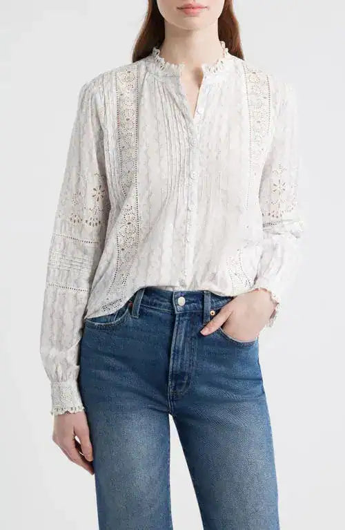 Lal Floral Embroidered Eyelet Cotton Button-Up Shirt