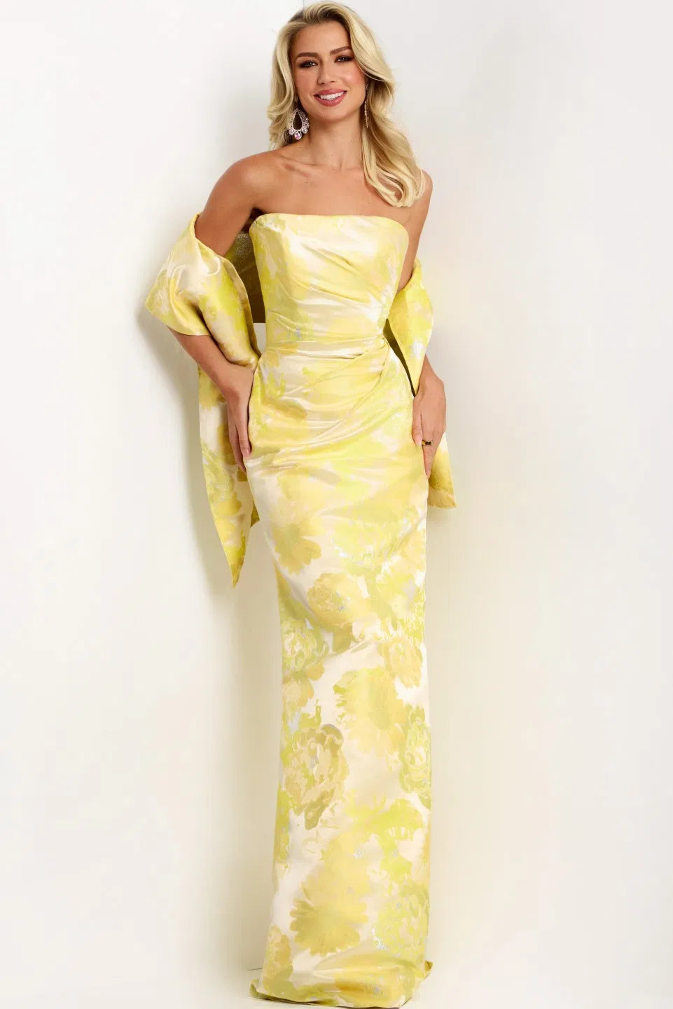 Jovani style 45289 Elegant Strapless Gown with Sheen Floral Overlay