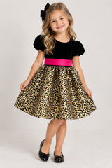 Girls Velvet Sleeve Cheetah Dress