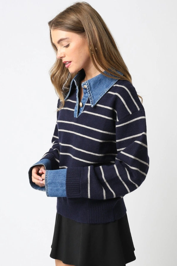 Stripe Denim Collar Layered Sweater