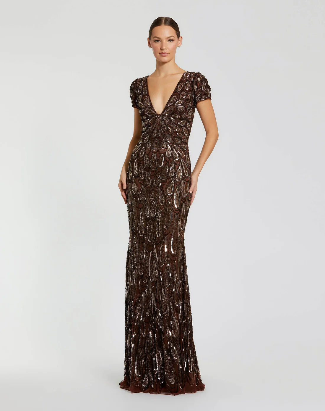 Mac Duggal 5243 Embellished V Neck Cap Sleeve Column Gown