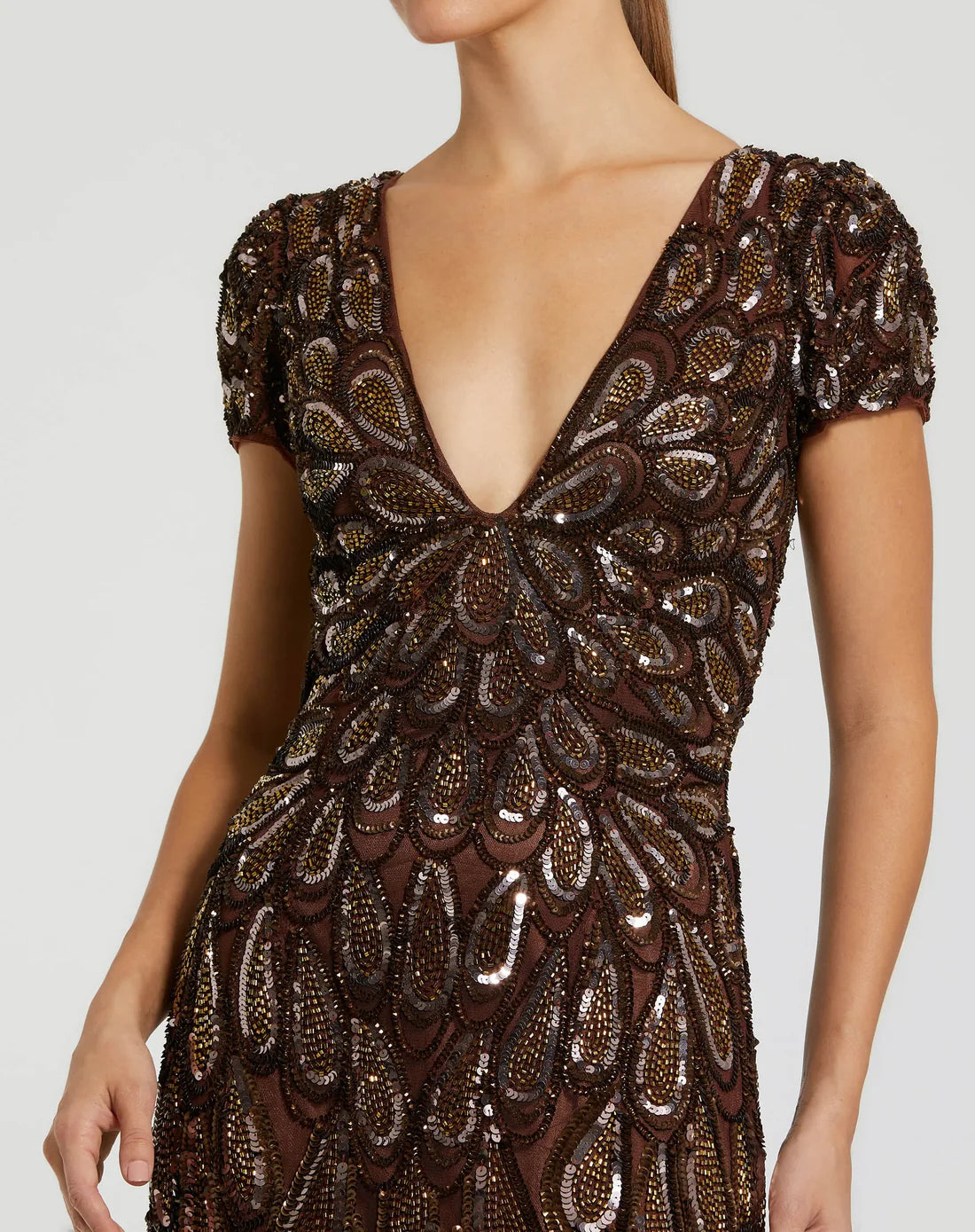 Mac Duggal 5243 Embellished V Neck Cap Sleeve Column Gown
