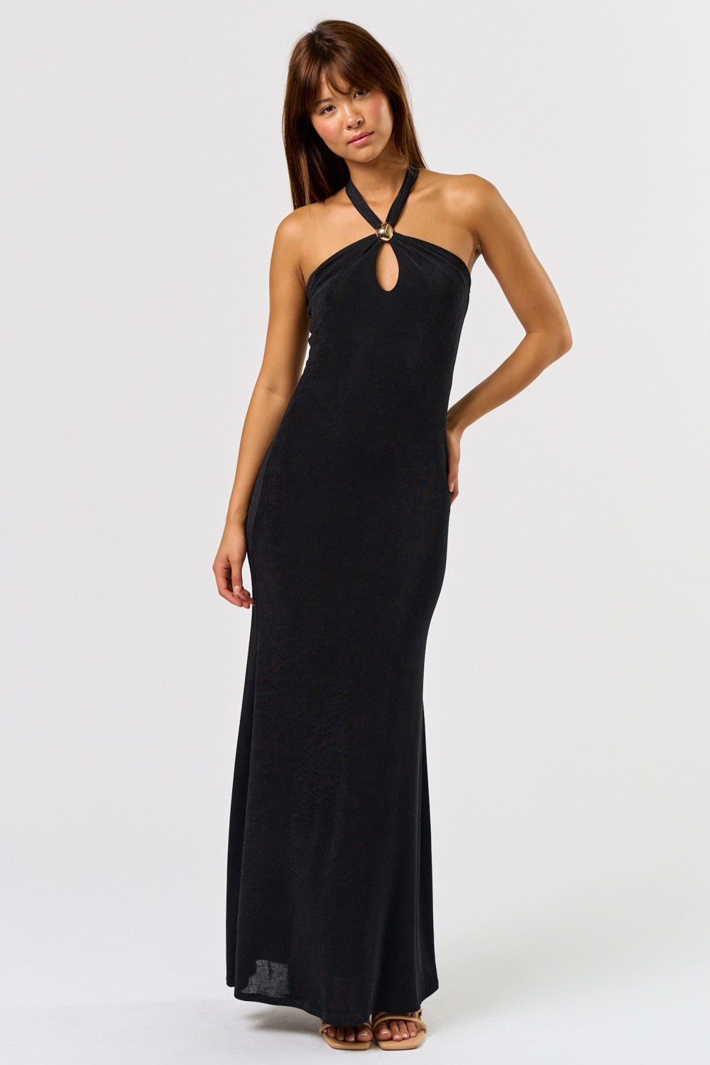 Metal Trim Halter Maxi Dress